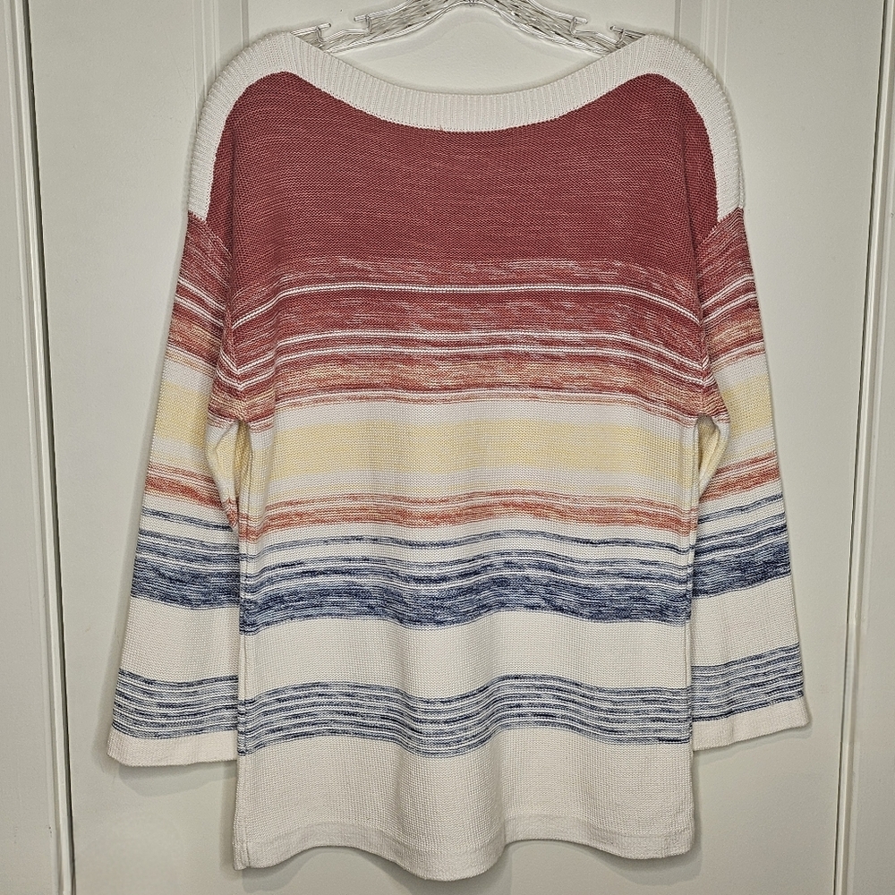 Brittany Black Boatneck Cotton Sweater Large Striped 3/4 Sleeve Coastal Cottage - Picture 3 of 9